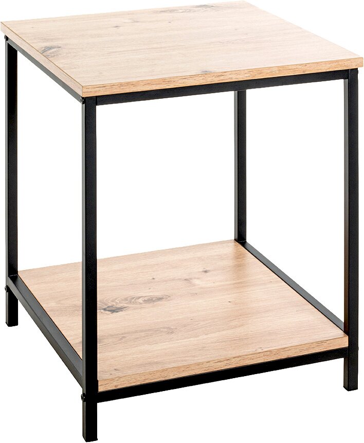 Quadratischer Beistelltisch/Nachttisch mit zwei Ablagen aus hellem Holzdekor und schwarzem Metallrahmen, freigestellt auf Weiß, Ansicht schräg von vorn oben