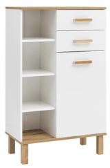 Weißes Highboard mit drei Schubladen und offenen Regalfächern, aus Holz mit Eichenoptik, seitliche Perspektive