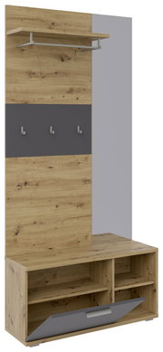 Kompaktgarderobe aus Holz mit Haken, Regal und Schuhablage, seitliche Perspektive