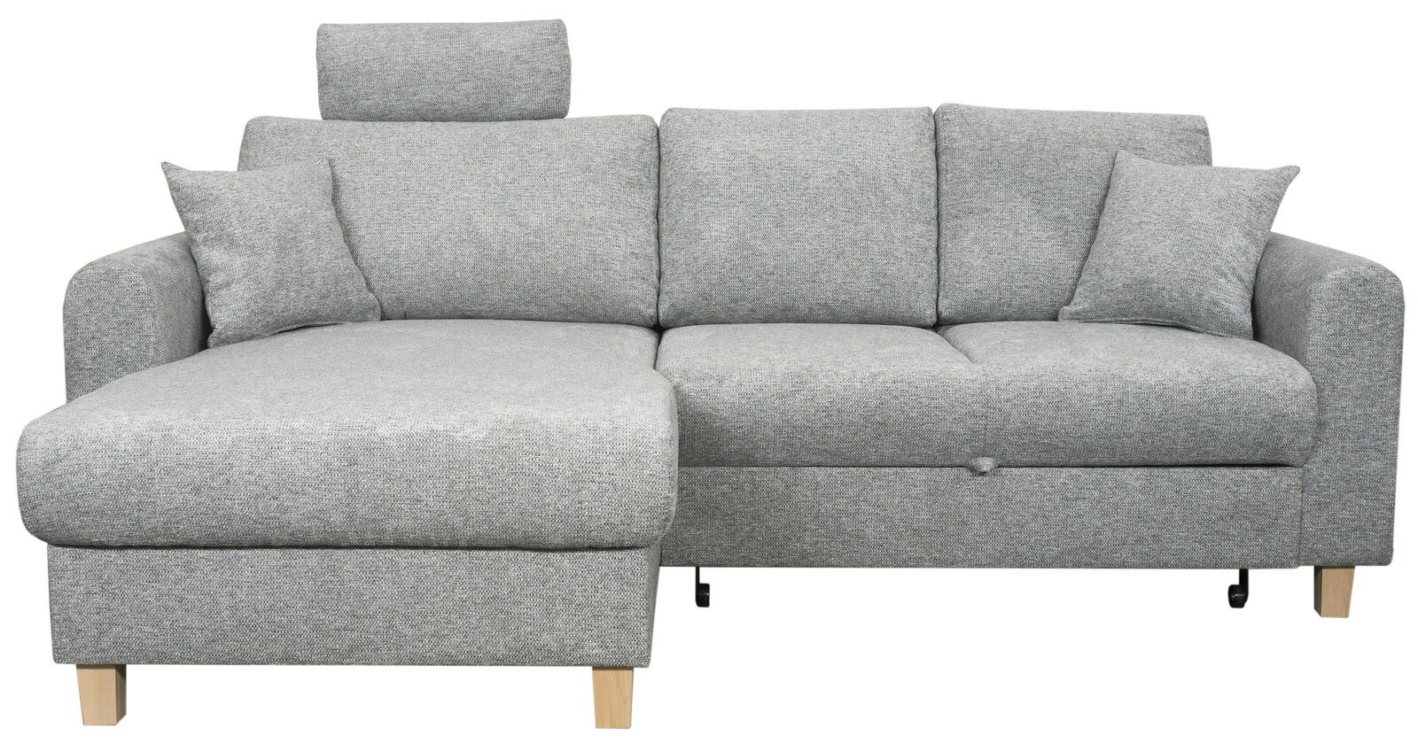Graues Ecksofa mit Holzfüßen, zwei Kissen und verstellbarer Kopfstütze, Frontalansicht