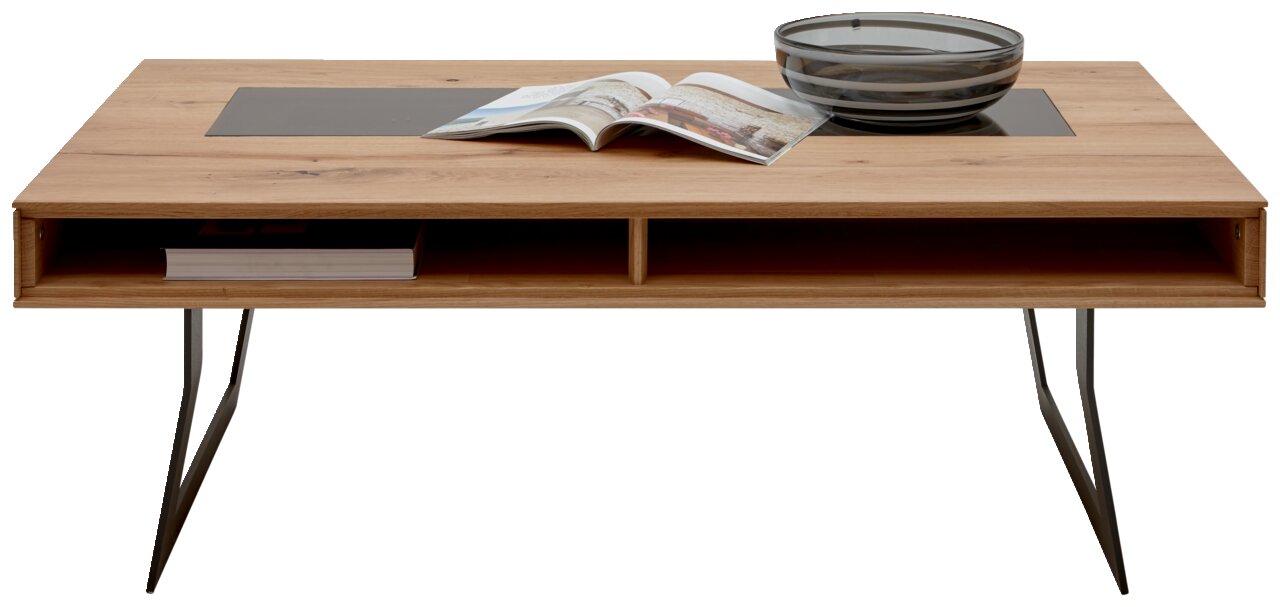 Moderner Couchtisch aus Holz mit Metallbeinen, Glasplatte und Ablagefächern, frontal fotografiert.