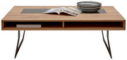 Moderner Couchtisch aus Holz mit Metallbeinen, Glasplatte und Ablagefächern, frontal fotografiert.
