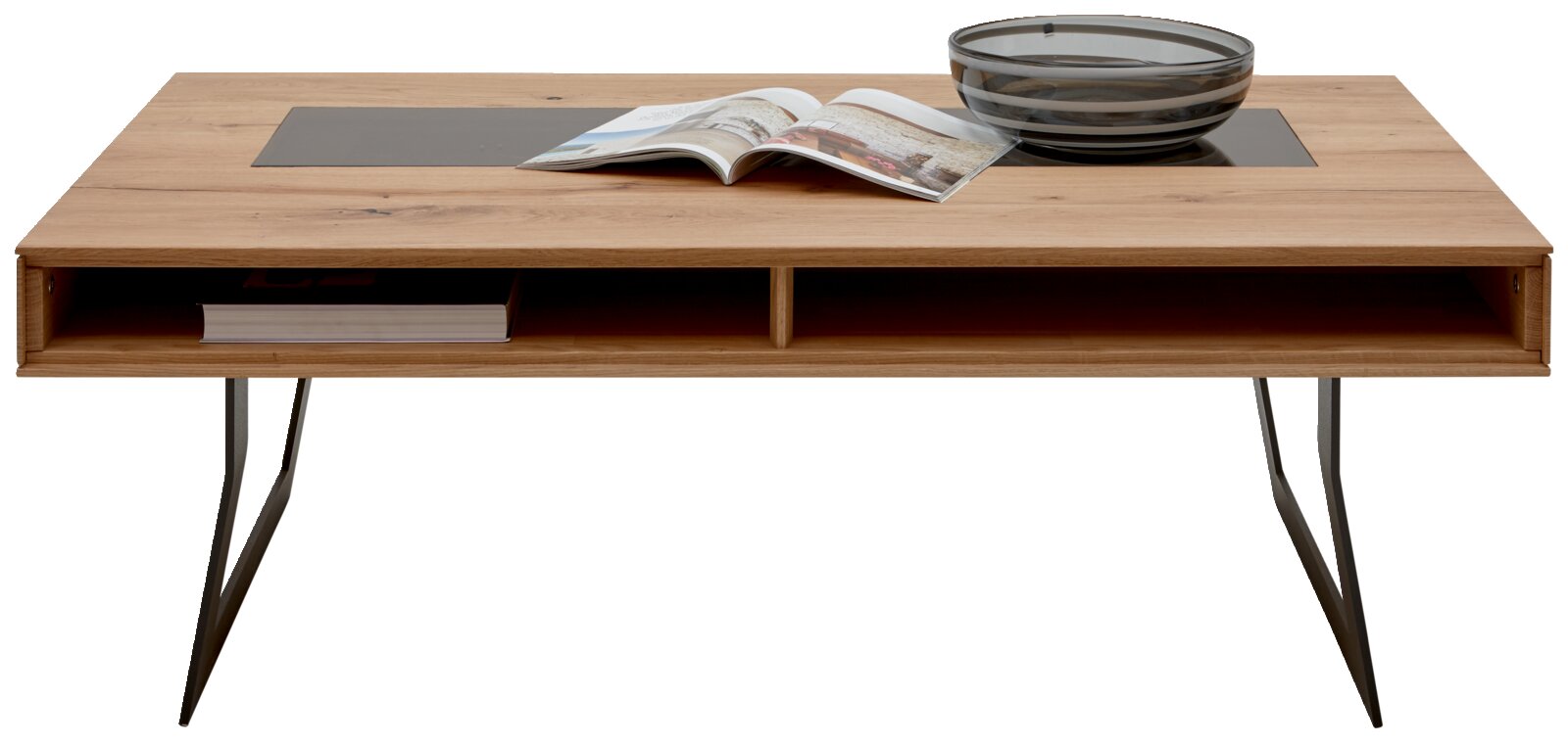 Moderner Couchtisch aus Holz mit Metallbeinen, Glasplatte und Ablagefächern, frontal fotografiert.