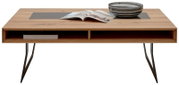 Moderner Couchtisch aus Holz mit Metallbeinen, Glasplatte und Ablagefächern, frontal fotografiert.