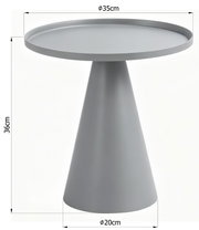 Runder grauer Beistelltisch mit Tablettkante und konischem Standfuß, Maße ca. 36 cm hoch, Ø 35 cm Tischplatte und Ø 20 cm Fuß, Frontansicht leicht von oben.