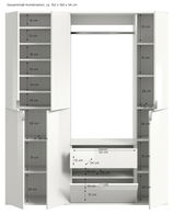Garderobenkombination in Weiß mit mehreren Fächern und Schubladen, frontal betrachtet. Maße: 152 x 193 x 34 cm.