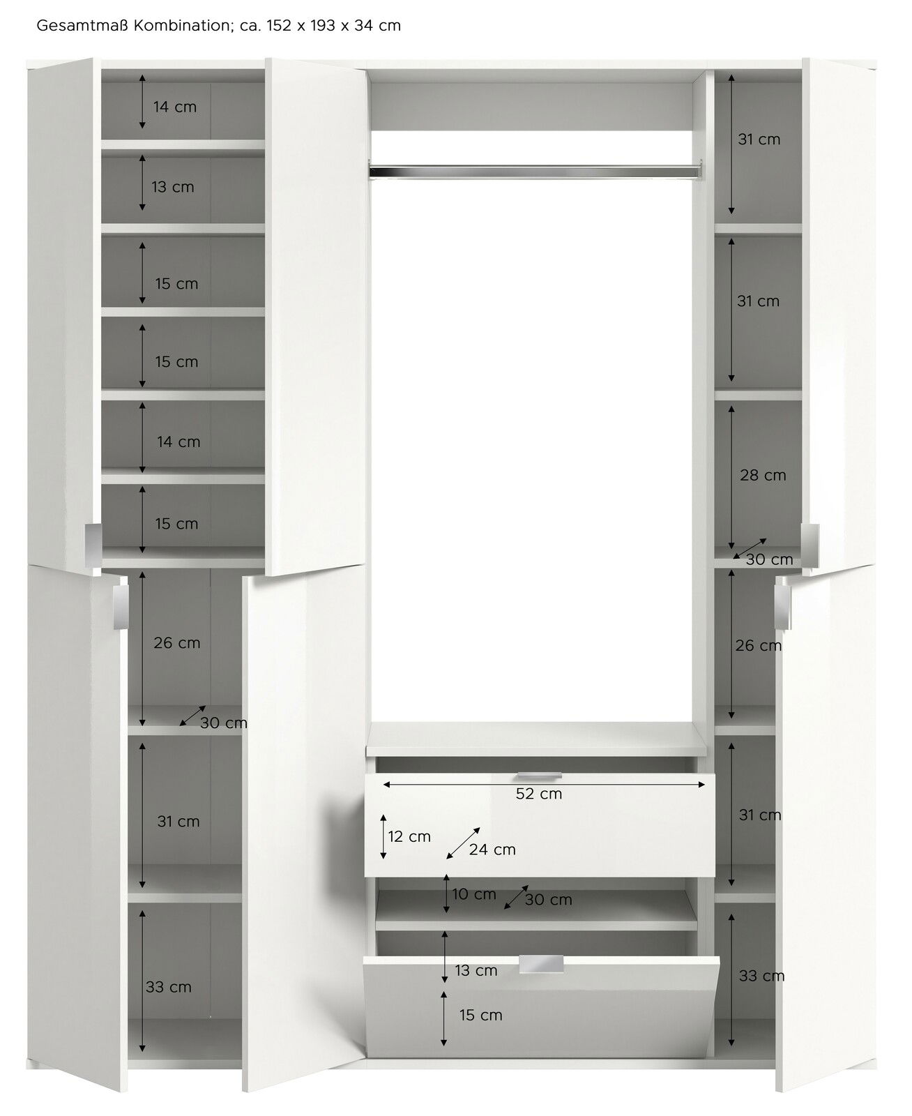 Garderobenkombination in Weiß mit mehreren Fächern und Schubladen, frontal betrachtet. Maße: 152 x 193 x 34 cm.