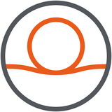 Symbol eines orangefarbenen Kreises mit einer geschwungenen Linie darunter, Ansicht von vorne.