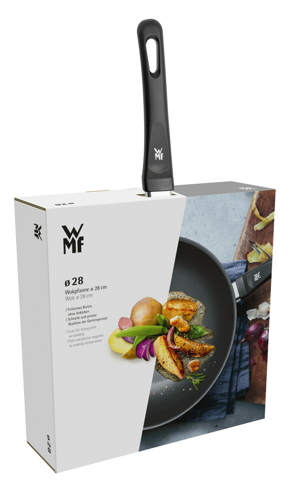 Verpackung einer WMF Wokpfanne mit 28 cm Durchmesser, abgebildet in einer schrägen Perspektive mit Griff sichtbar.