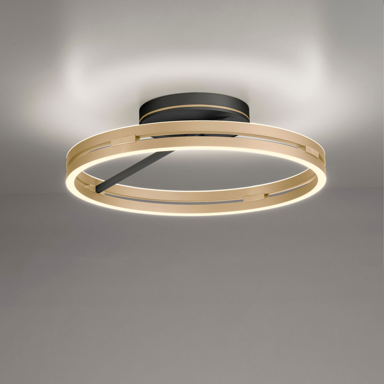 Moderne Deckenleuchte PURE Loop in goldener Ringform, von unten betrachtet.