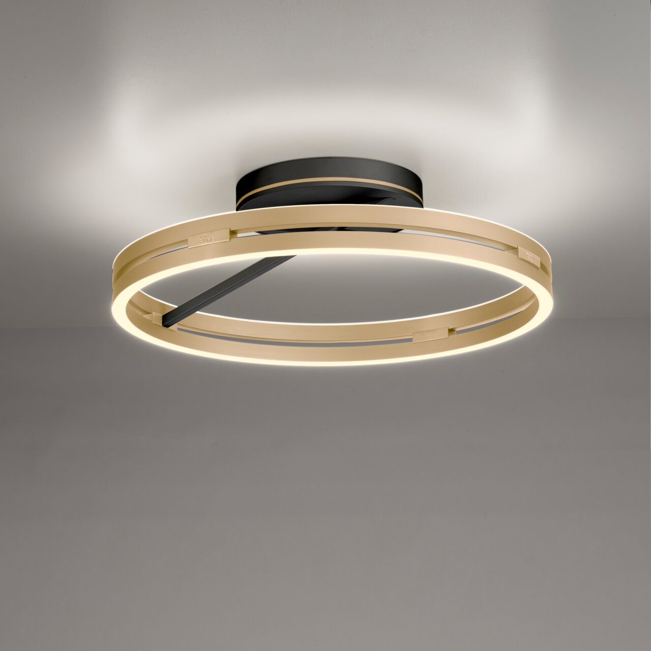 Moderne plafondlamp PURE Loop in de vorm van een gouden ring, gezien van onderaf.