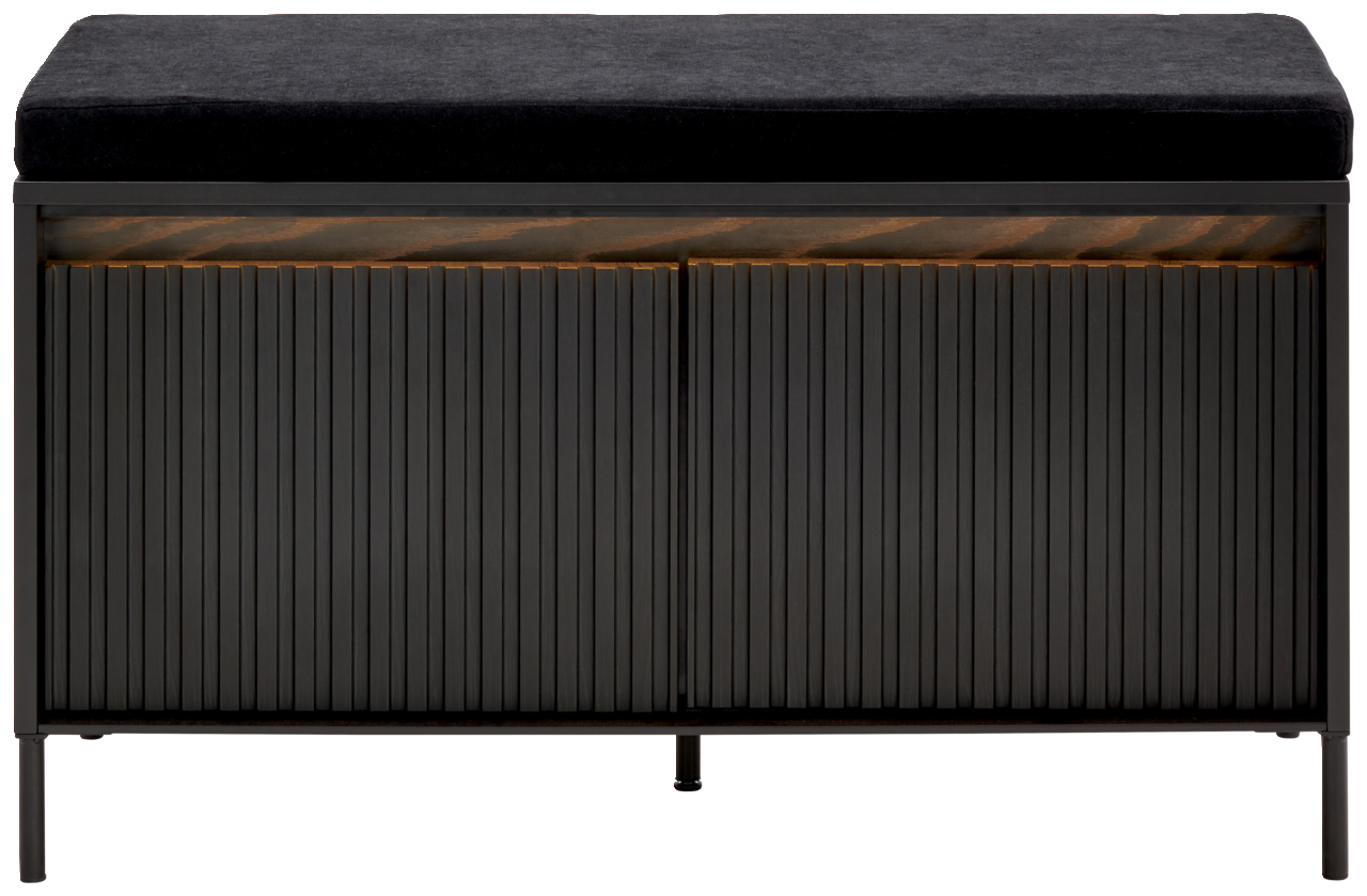 Frontale Ansicht einer modernen Garderobenbank mit schwarzem Polster und gerillter Front.
