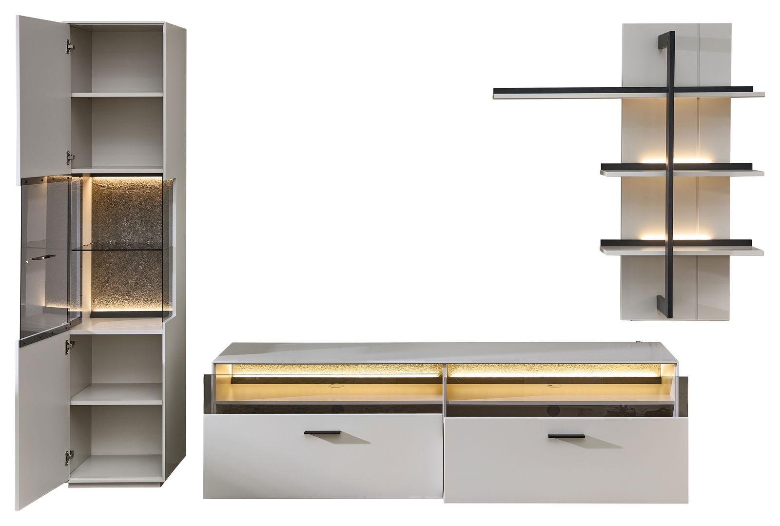 Moderne Wandkombination COMO von Zurbrüggen mit Schrank, Regal und TV-Element in weißer Hochglanzoptik, frontal abgebildet.