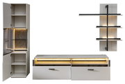 Moderne Wandkombination COMO von Zurbrüggen mit Schrank, Regal und TV-Element in weißer Hochglanzoptik, frontal abgebildet.