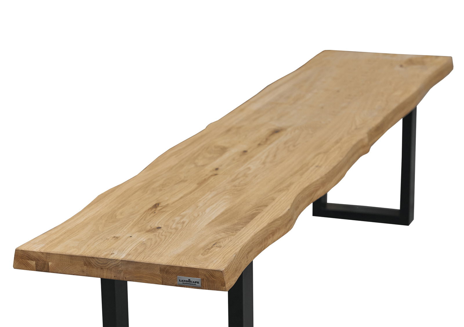 Holz-Sitzbank mit natürlicher Kante und Metallbeinen, seitliche Perspektive