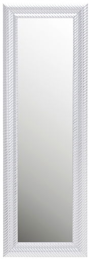 Rechteckiger Spiegel mit dekorativem Rahmen in Weiß, frontal abgebildet.