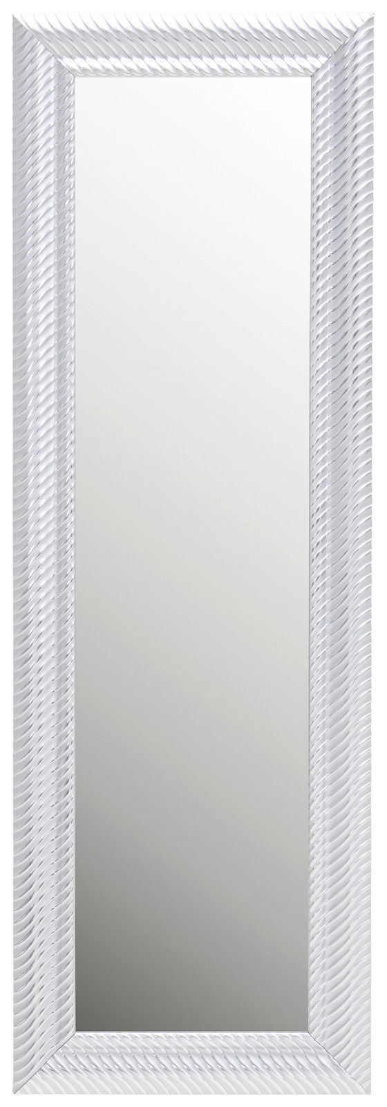 Rechteckiger Spiegel mit dekorativem Rahmen in Weiß, frontal abgebildet.