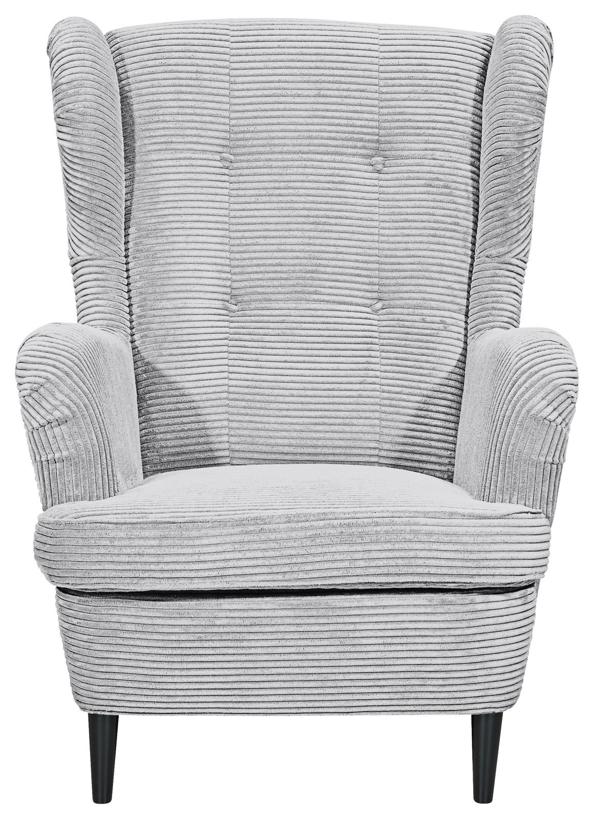 Grauer Sessel mit geripptem Stoffbezug, Frontalansicht