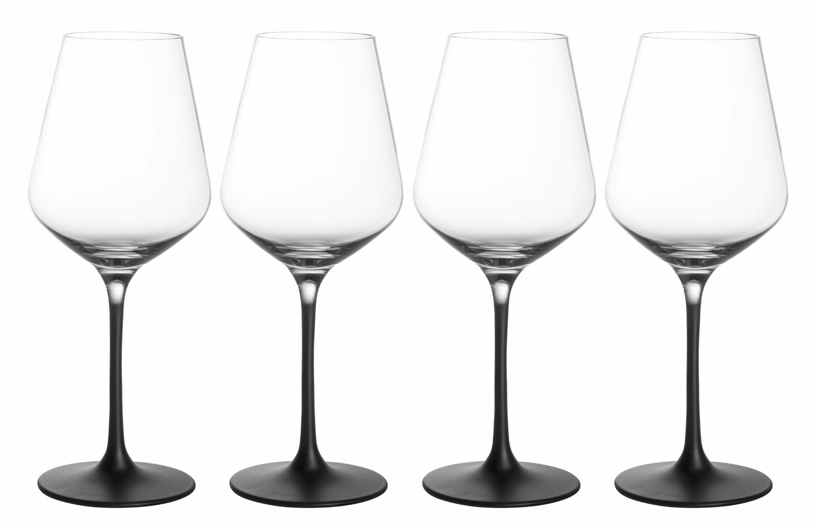 Vier Weißweinkelche mit transparentem Glas und schwarzem Stiel, frontal abgebildet.