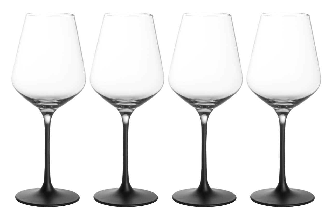 Vier Weißweinkelche mit transparentem Glas und schwarzem Stiel, frontal abgebildet.