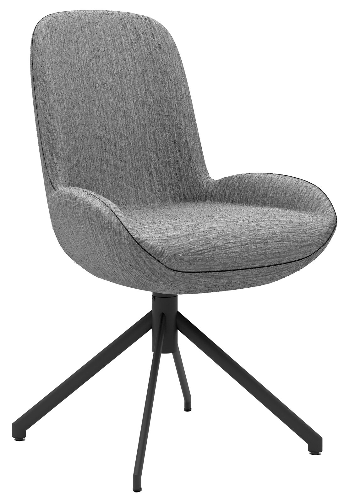 Moderner grauer Stuhl mit gepolsterter Sitzfläche und Rückenlehne, auf schwarzem Metallgestell, seitliche Perspektive.