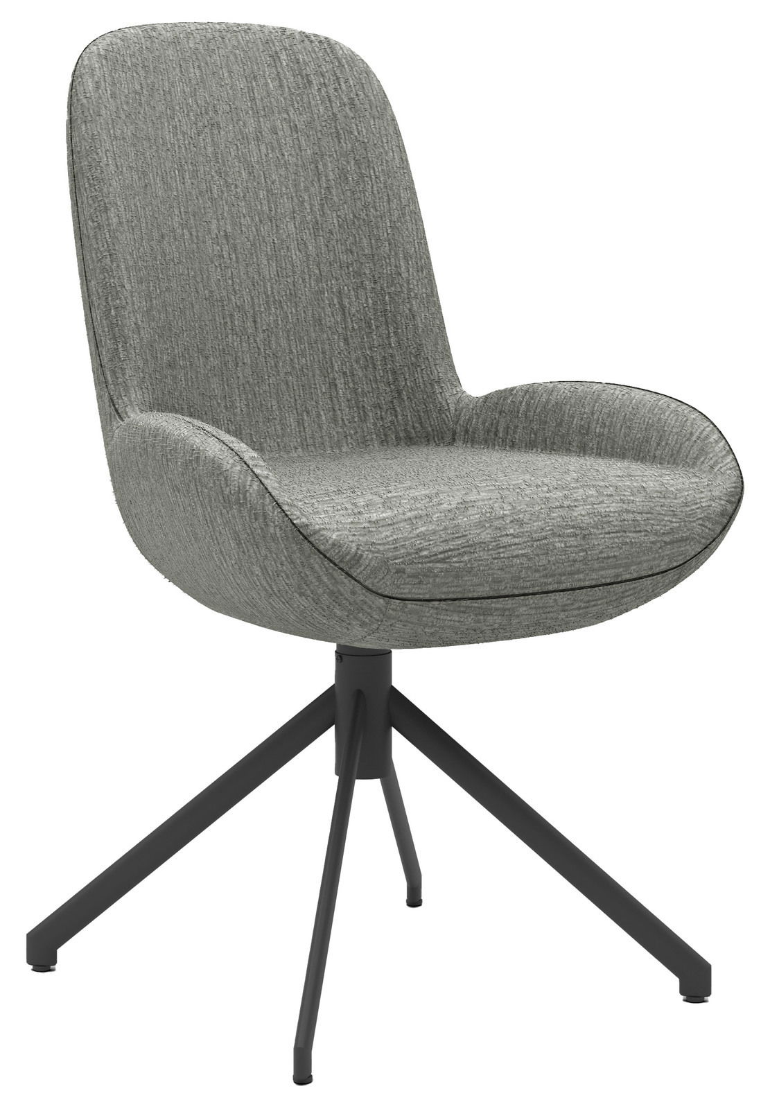 Moderner grauer Stuhl mit gepolsterter Sitzfläche und Rückenlehne, auf schwarzem Metallgestell, seitliche Perspektive.