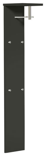 Schwarzes Garderobepaneel mit Haken und Ablage, seitliche Perspektive
