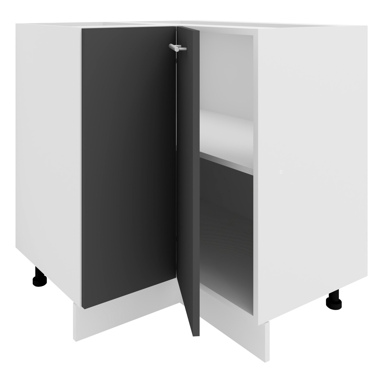 VCM Eckschrank ESILO Weißer Unterschrank mit geöffneter schwarzer Tür und Einlegeboden, Produktansicht schräg von vorn (3/4-Perspektive)
