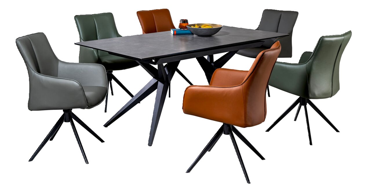 Novel Esstisch MOON Moderner Esstisch mit sechs farbigen Armlehnstühlen, seitliche Perspektive