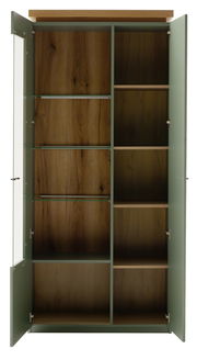 Geöffnete Vitrine mit Glas- und Holzböden, grüne Türen und Holzrückwand, Frontalansicht.