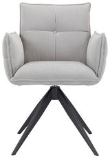 Grauer Armlehnstuhl mit gepolstertem Sitz und Rückenlehne, auf schwarzem Metallgestell, Frontalansicht