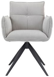 Grauer Armlehnstuhl mit gepolstertem Sitz und Rückenlehne, auf schwarzem Metallgestell, Frontalansicht