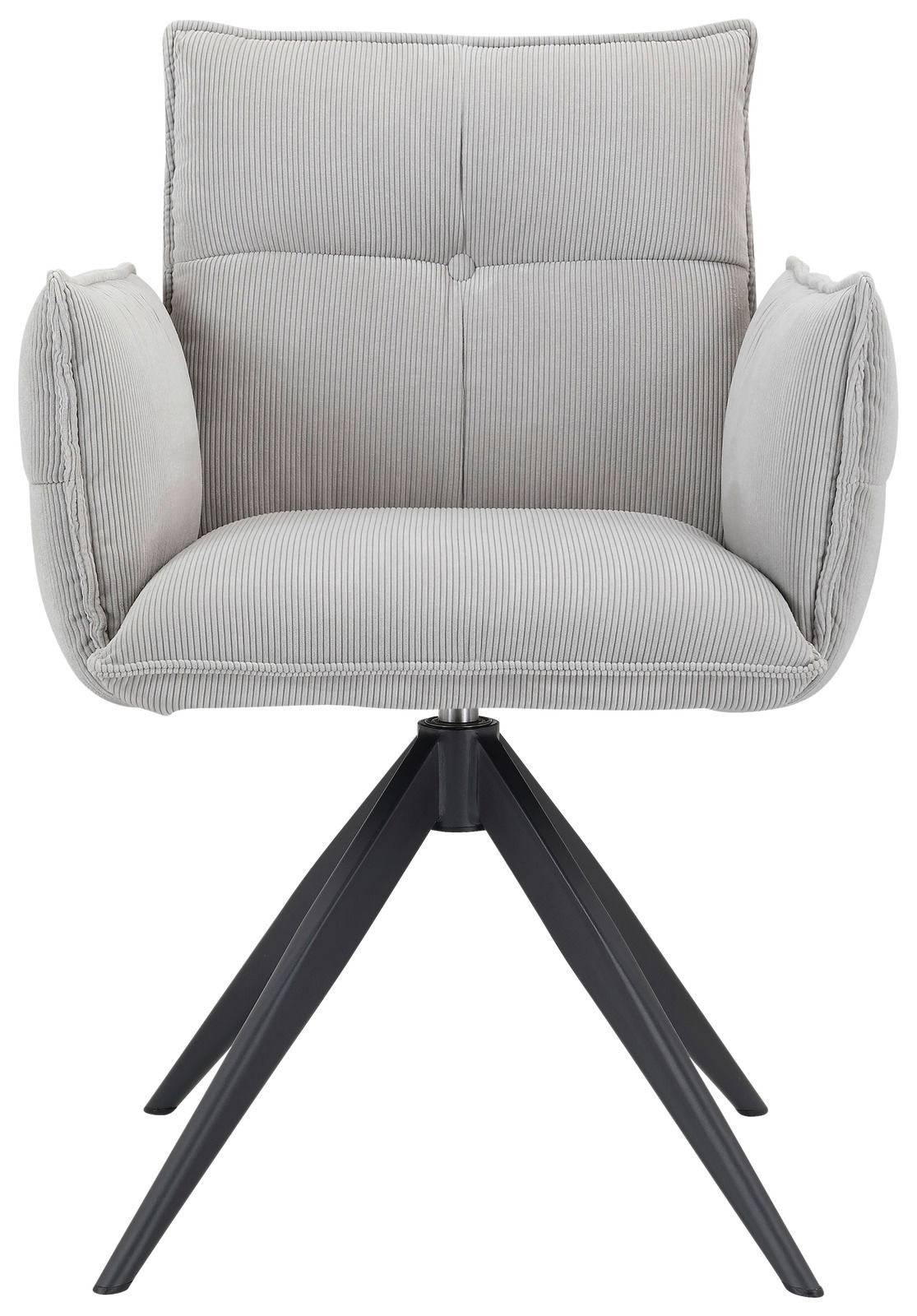 Grauer Armlehnstuhl mit gepolstertem Sitz und Rückenlehne, auf schwarzem Metallgestell, Frontalansicht