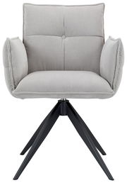 Grauer Armlehnstuhl mit gepolstertem Sitz und Rückenlehne, auf schwarzem Metallgestell, Frontalansicht