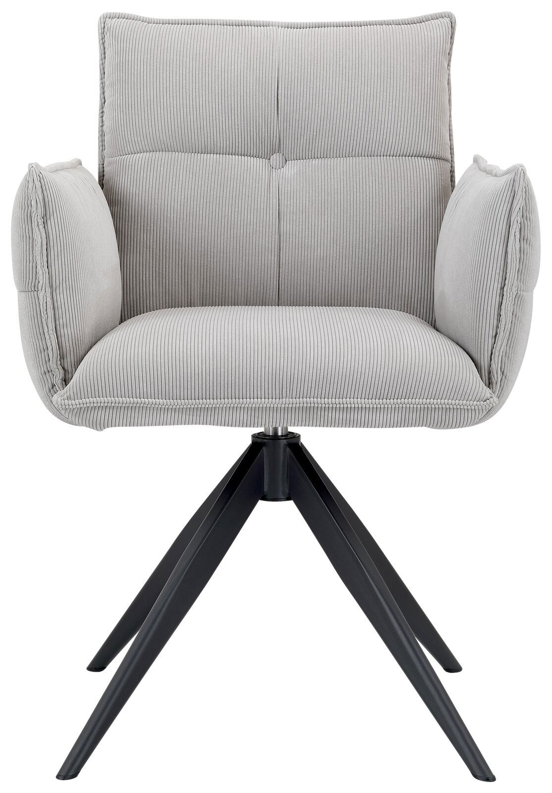 Grauer Armlehnstuhl mit gepolstertem Sitz und Rückenlehne, auf schwarzem Metallgestell, Frontalansicht