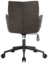 Rückansicht eines grauen Drehsessels mit Rollen und höhenverstellbarem Hebel.