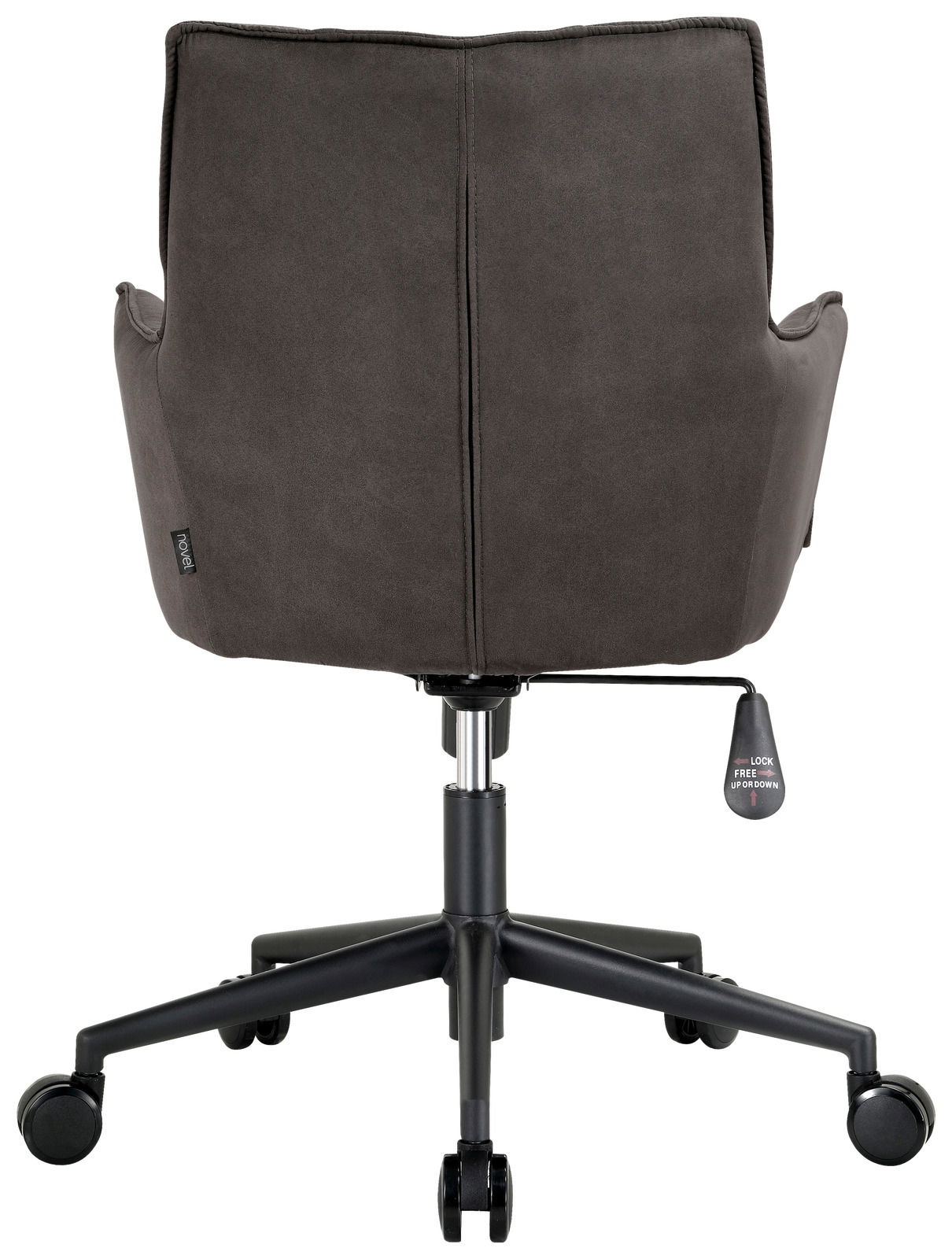 Rückansicht eines grauen Drehsessels mit Rollen und höhenverstellbarem Hebel.