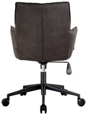 Rückansicht eines grauen Drehsessels mit Rollen und höhenverstellbarem Hebel.