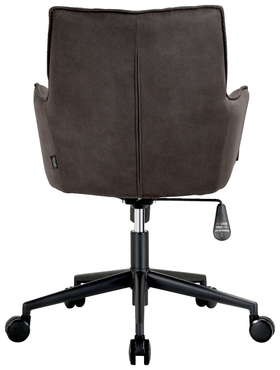 Rückansicht eines grauen Drehsessels mit Rollen und höhenverstellbarem Hebel.