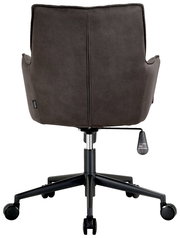 Rückansicht eines grauen Drehsessels mit Rollen und höhenverstellbarem Hebel.