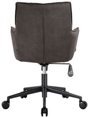 Rückansicht eines grauen Drehsessels mit Rollen und höhenverstellbarem Hebel.