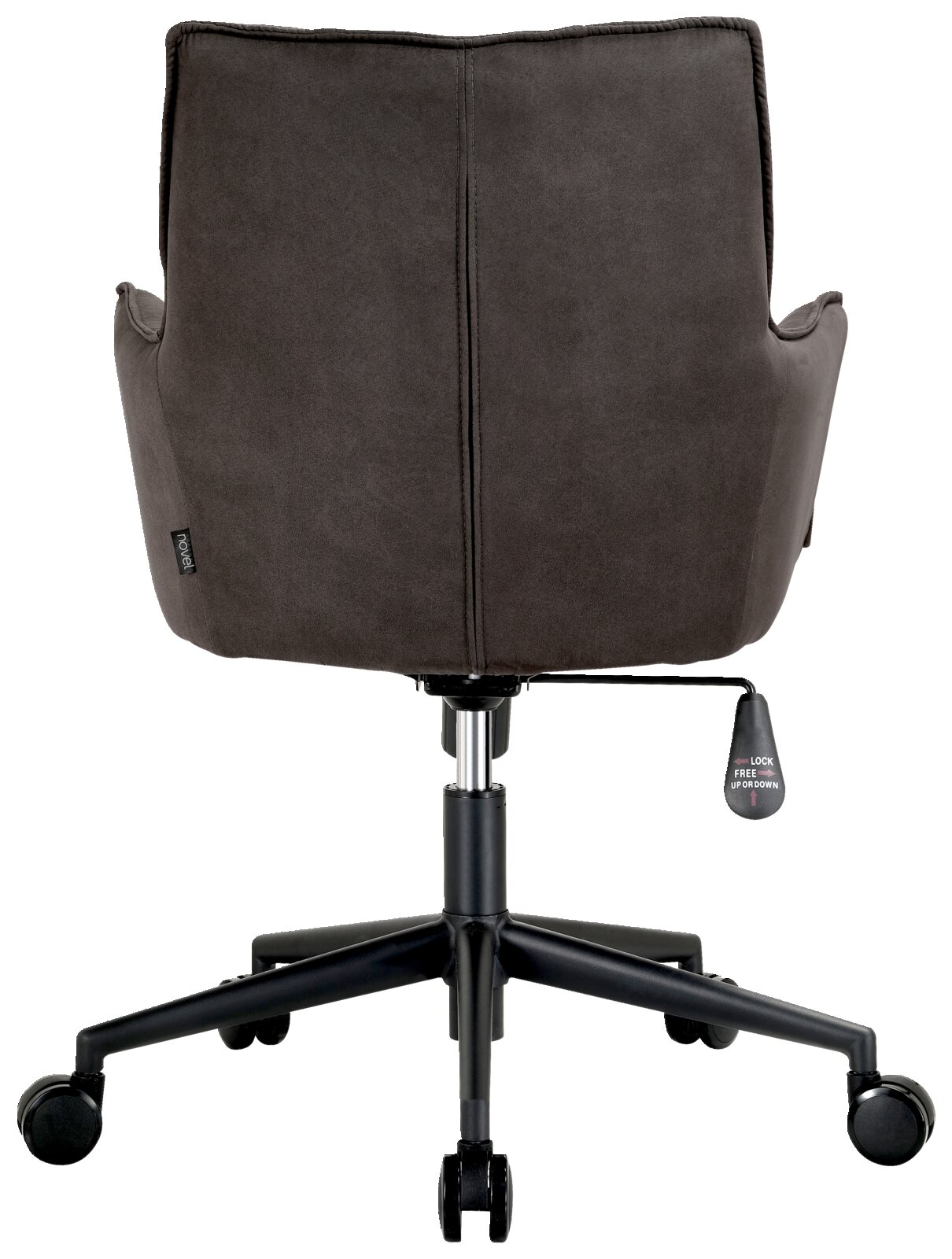 Achterkant van een grijze draaifauteuil met wieltjes en een hendel voor hoogteverstelling.