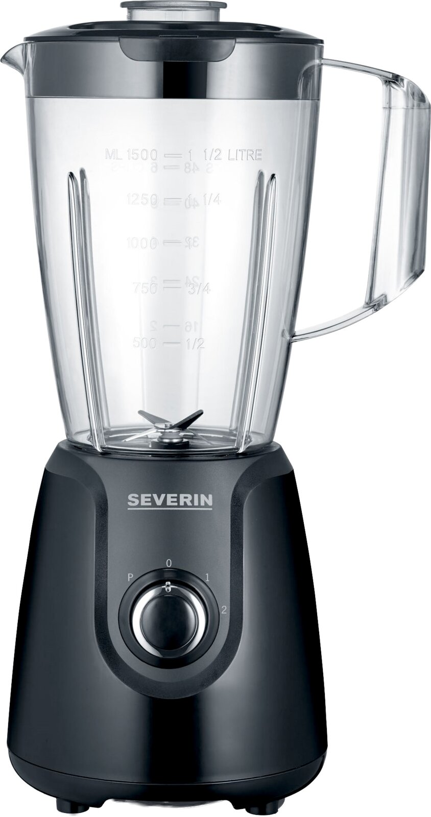 Severin blender met transparante 1,5 liter mengbeker met maatverdeling en handgreep, zwarte basis met draaiknop, vooraanzicht