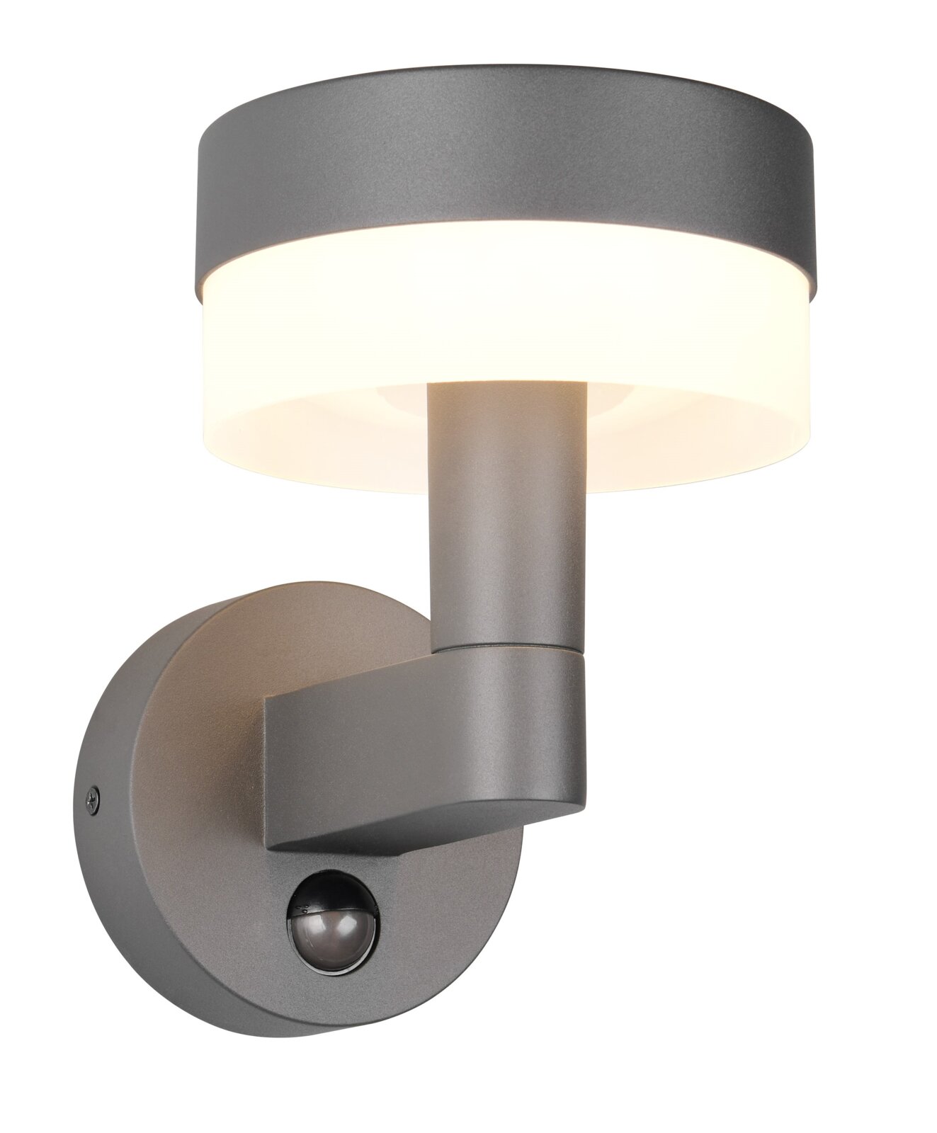 Moderne LED-Außenwandleuchte in seitlicher Perspektive mit rundem, grauem Gehäuse und integriertem Bewegungsmelder.