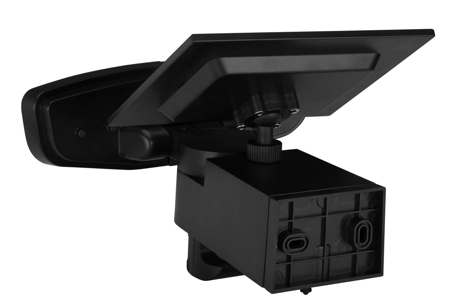 Schwarze Solar-LED-Außenleuchte, seitliche Perspektive mit sichtbarem Solarpanel und Montagehalterung.