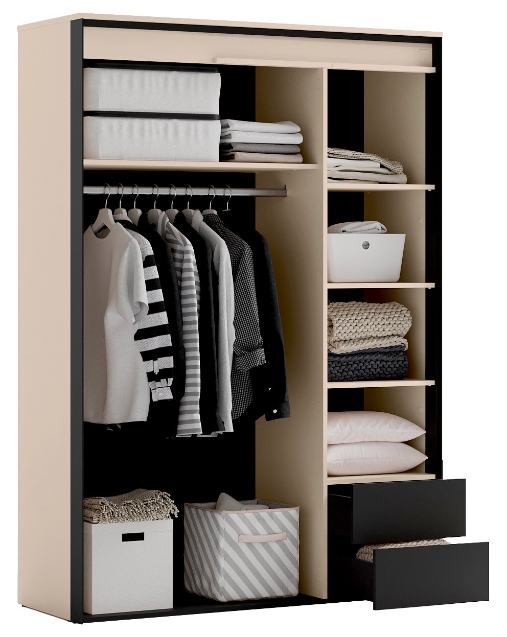 Open kledingkast met beige en zwarte afwerking, hangroede, legplanken en twee uittrekbare lades met opgevouwen kleding en hangende shirts, gezien schuin van voren