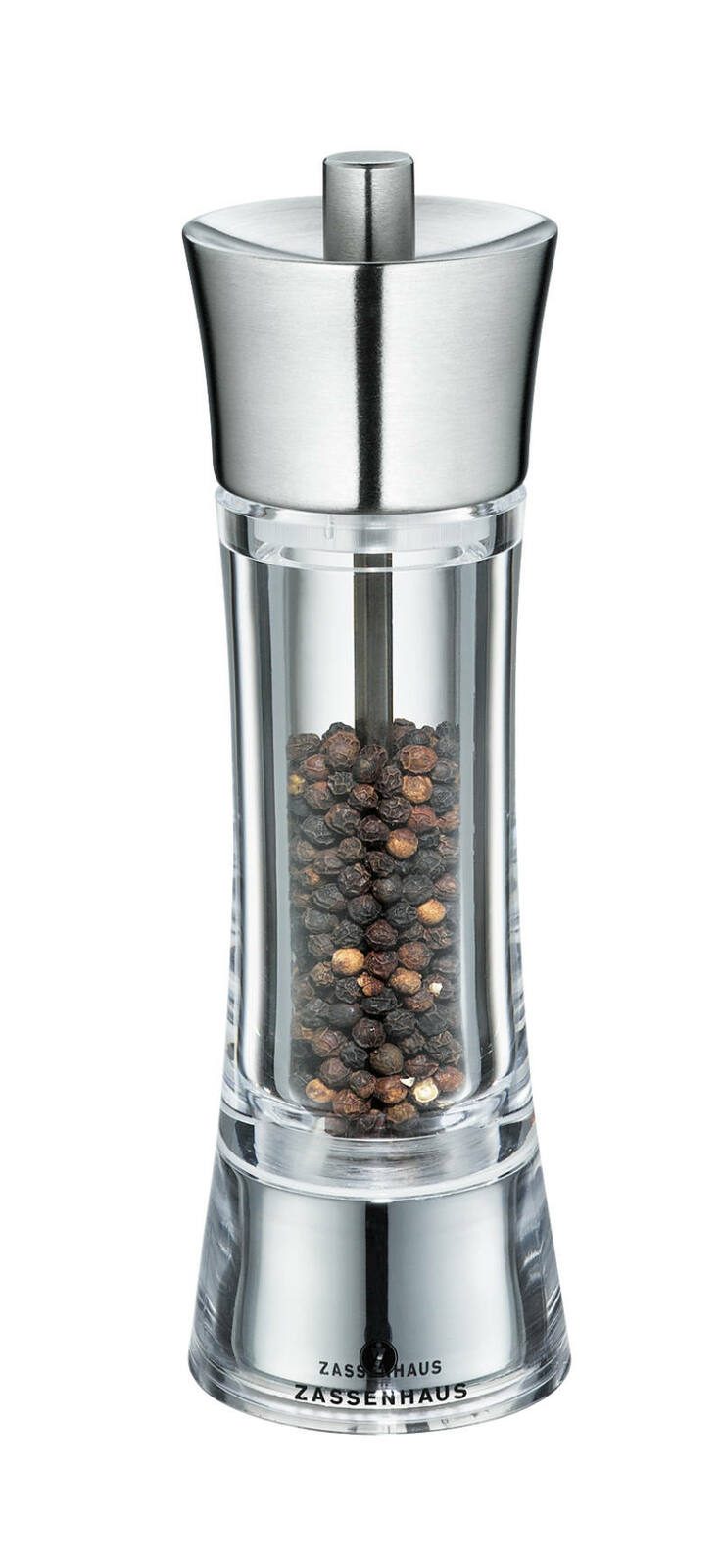 Pfeffermühle Aachen 18cm aus Edelstahl, gefüllt mit Pfefferkörnern, in Frontalansicht