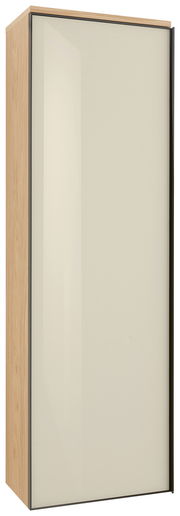 Moderner Hängegarderobenschrank mit Holzseiten und glatter, cremefarbener Front, seitliche Perspektive