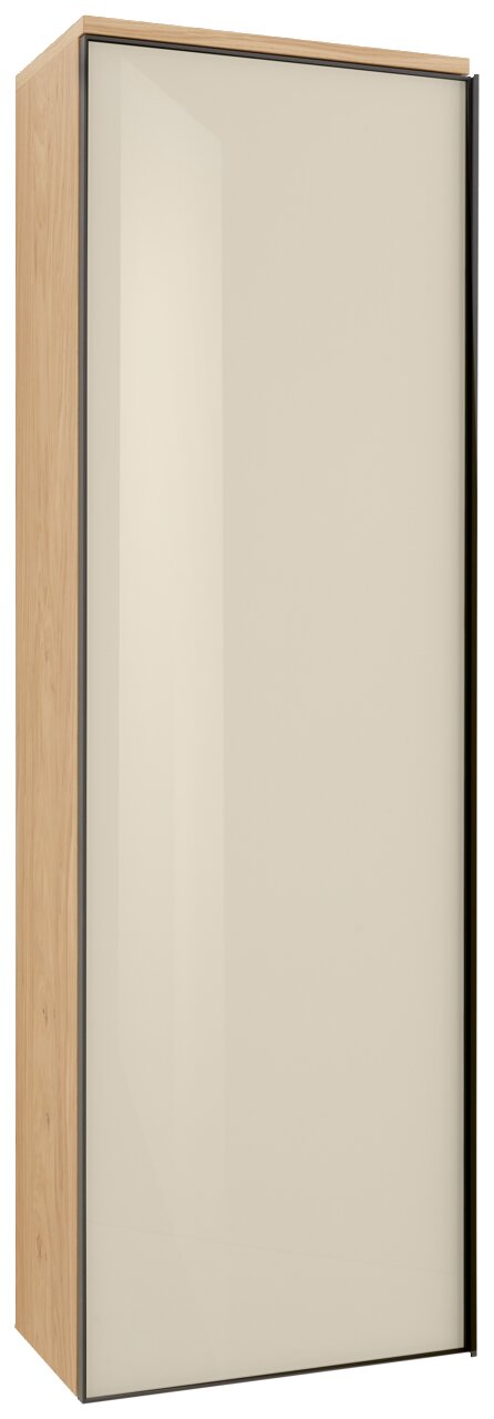 Moderner Hängegarderobenschrank mit Holzseiten und glatter, cremefarbener Front, seitliche Perspektive