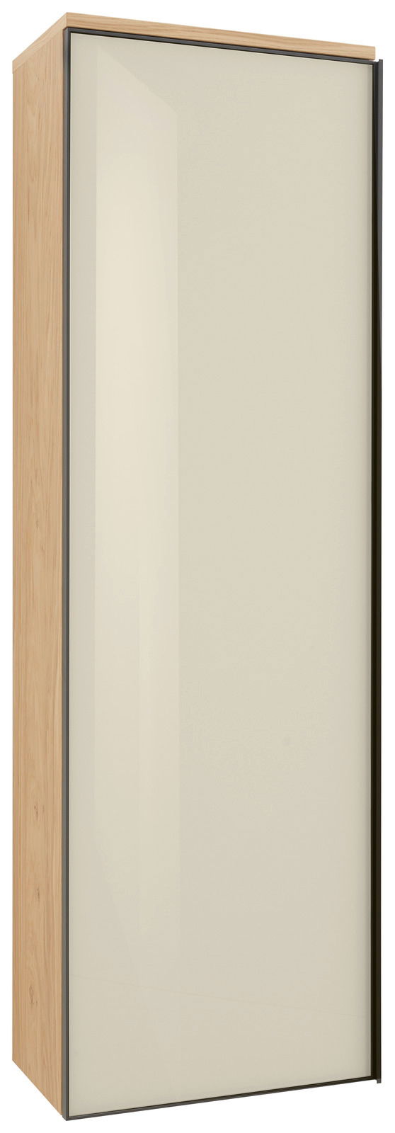 Moderner Hängegarderobenschrank mit Holzseiten und glatter, cremefarbener Front, seitliche Perspektive